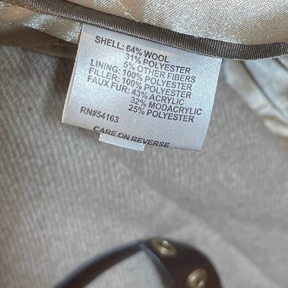 Calvin Klein Tan Herringbone Wool Coat Faux Fur Hood Size L NWT - Picture 9 of 10